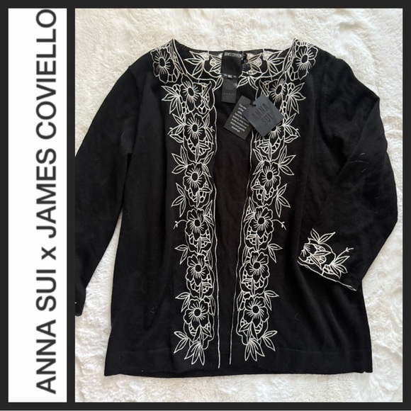 NWT Anna Sui x James Coviello Black and White Embroidered Wool Cardigan